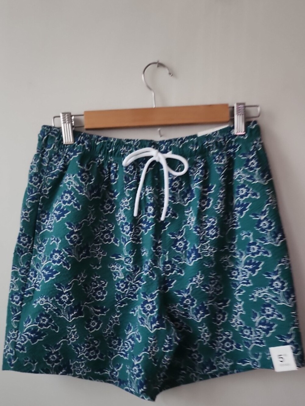 Men's Teal Floral Swim Trunks with White Drawstring - Picture 12 of 12